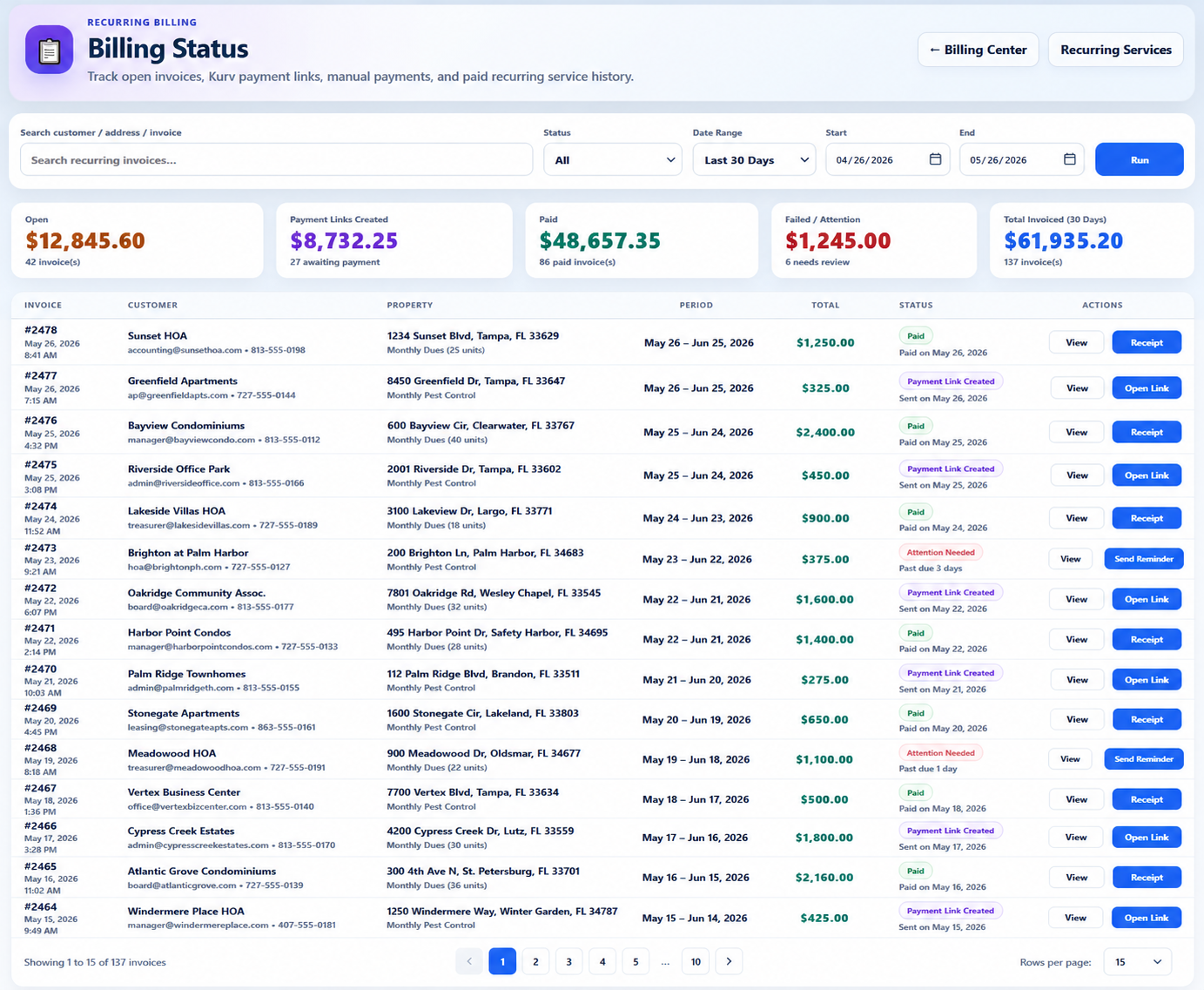 SimpleOps billing center for recurring lawn service invoices and payment links
