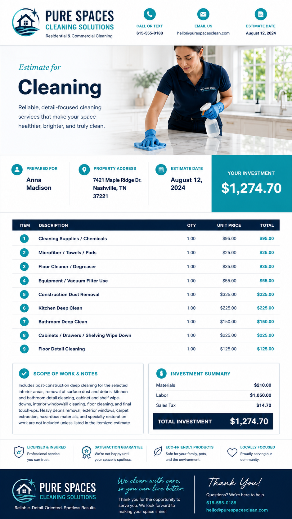 Professional cleaning estimate with customer-ready proposal and pricing