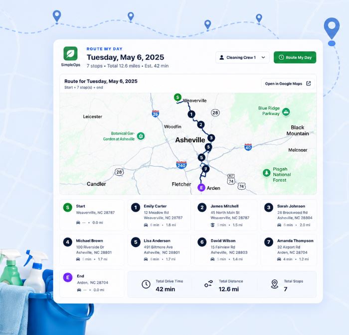 Cleaning service route planning and daily crew scheduling