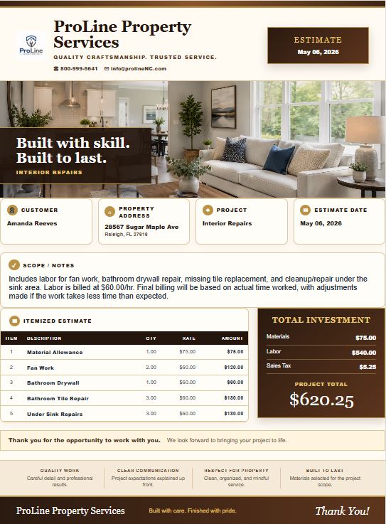 Interior repairs estimate template