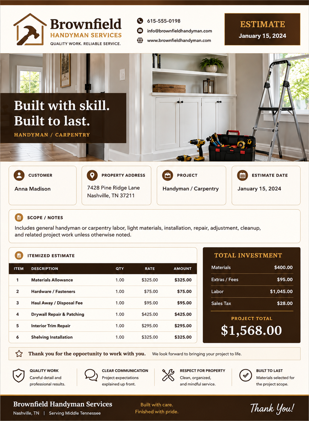 Professional handyman estimate example