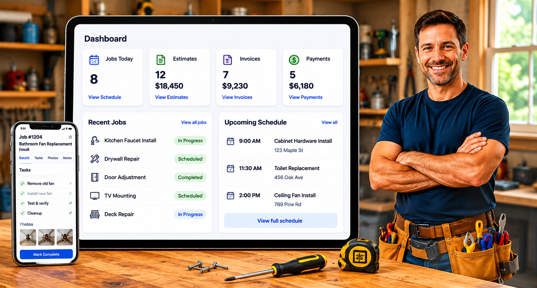 SimpleOps handyman business dashboard with jobs, estimates, invoices, payments, and mobile job tasks