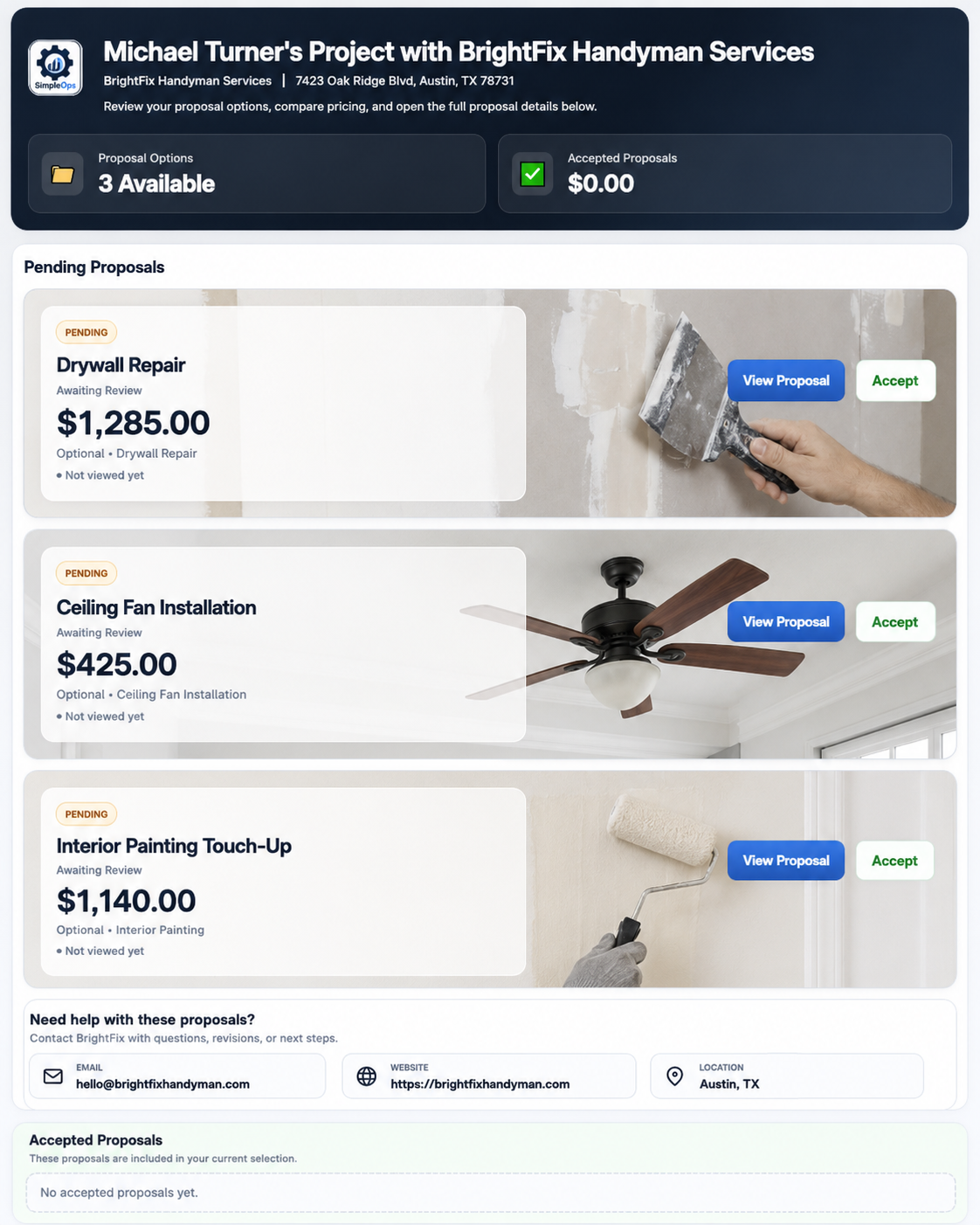 SimpleOps handyman estimate portal for customer approval and payment