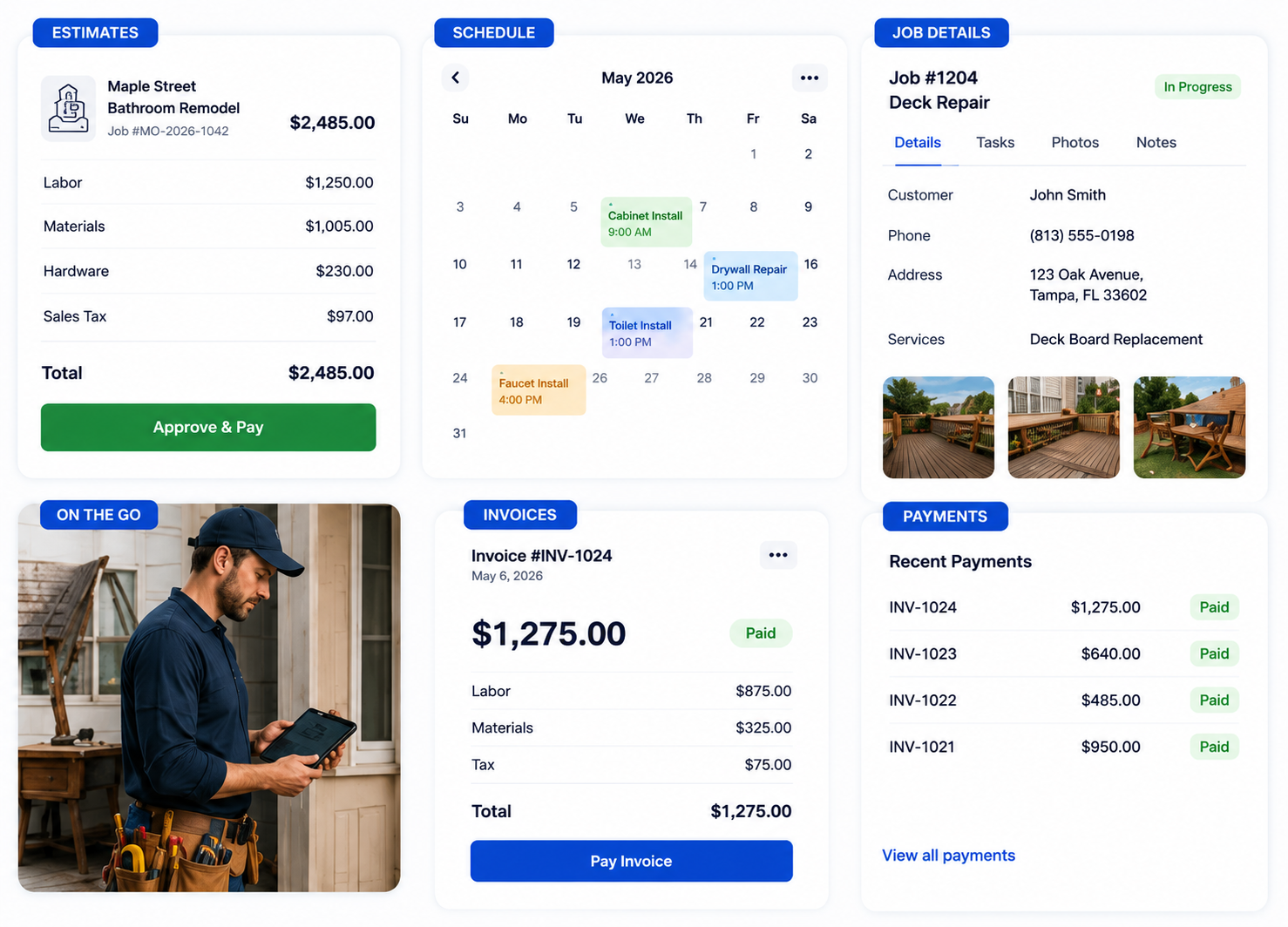 SimpleOps handyman estimate, schedule, job details, invoice, and payment workflow