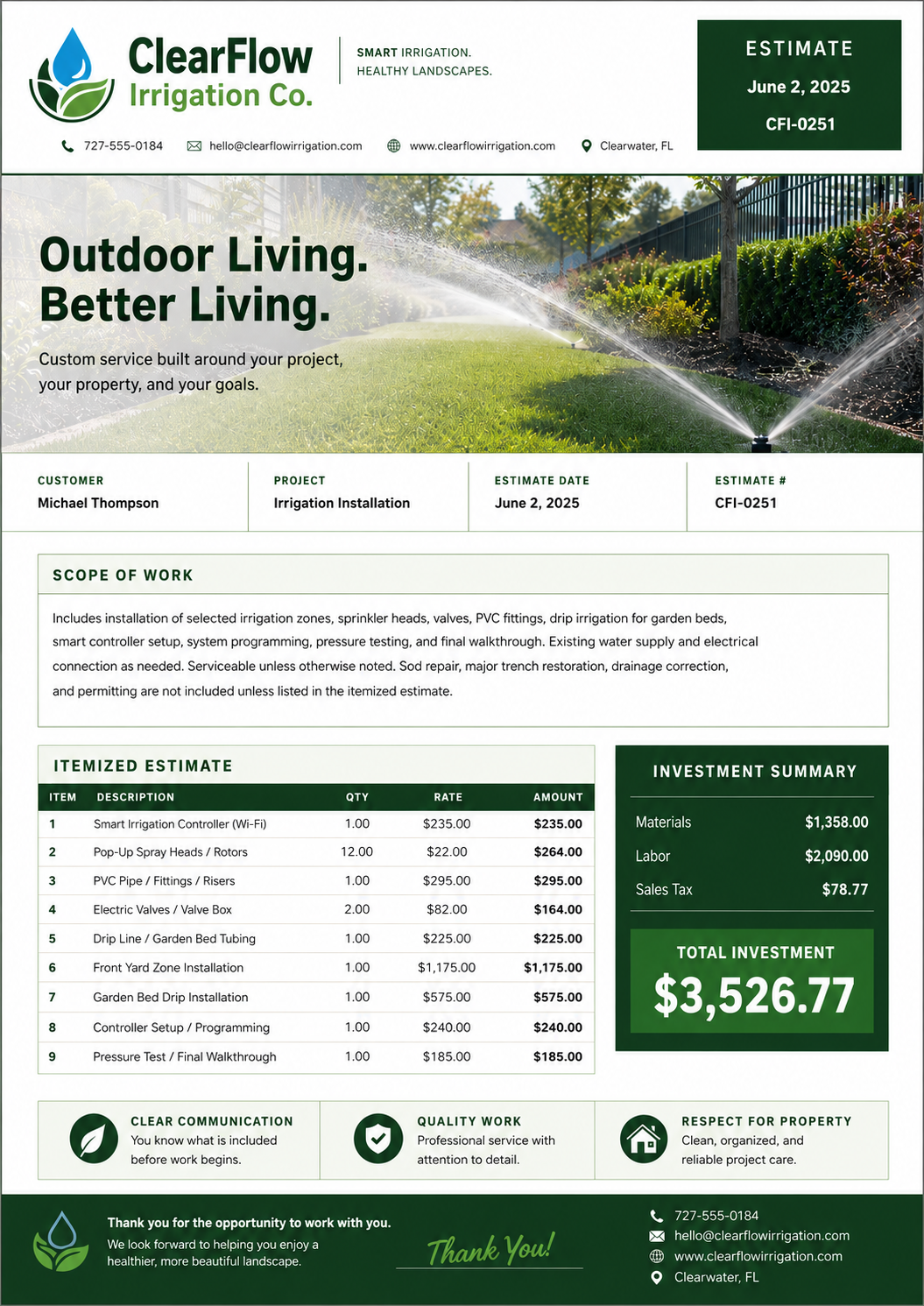 Professional irrigation estimate ready for print and customer portal delivery