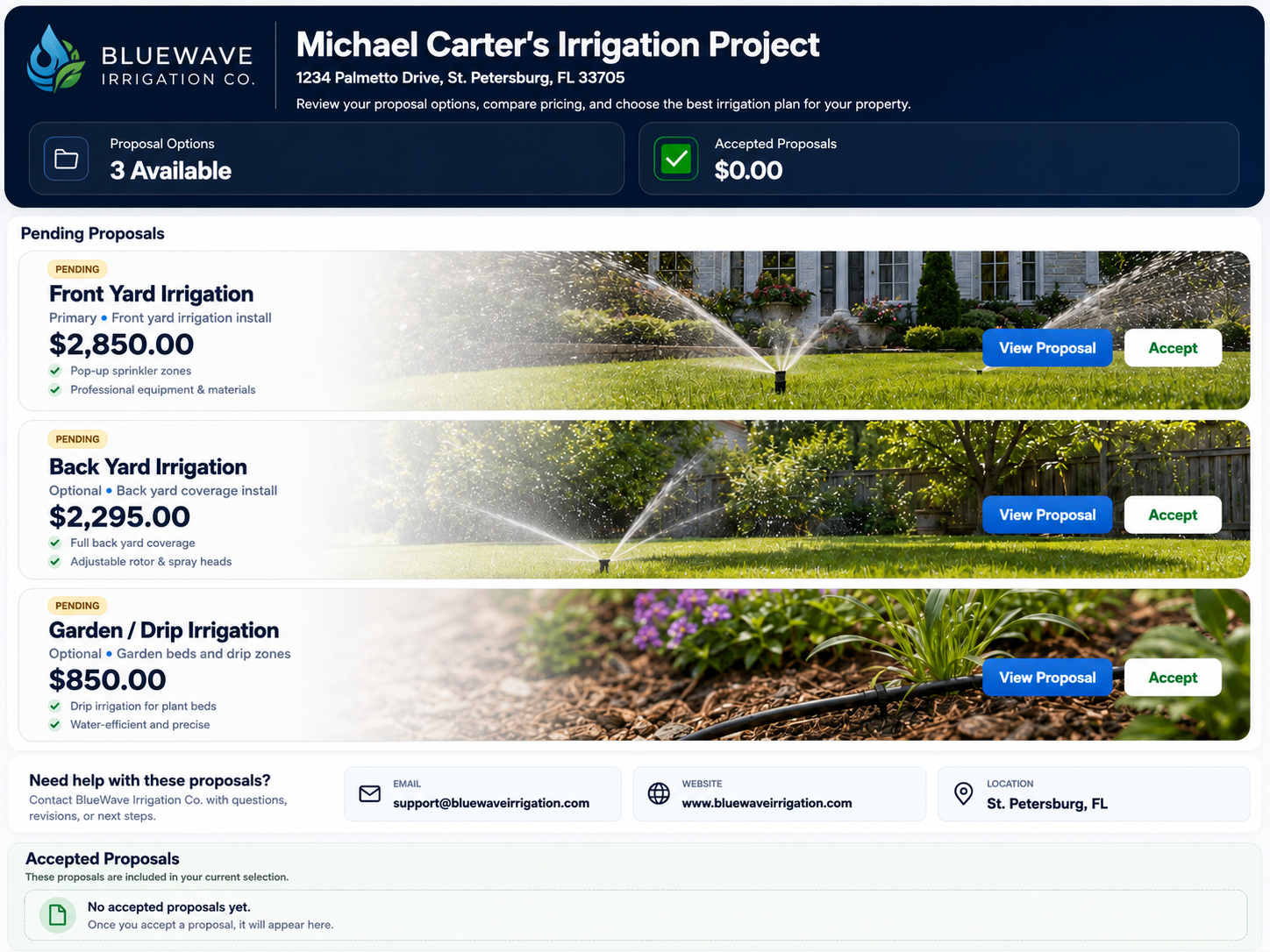 Irrigation customer proposal portal with multiple bid options