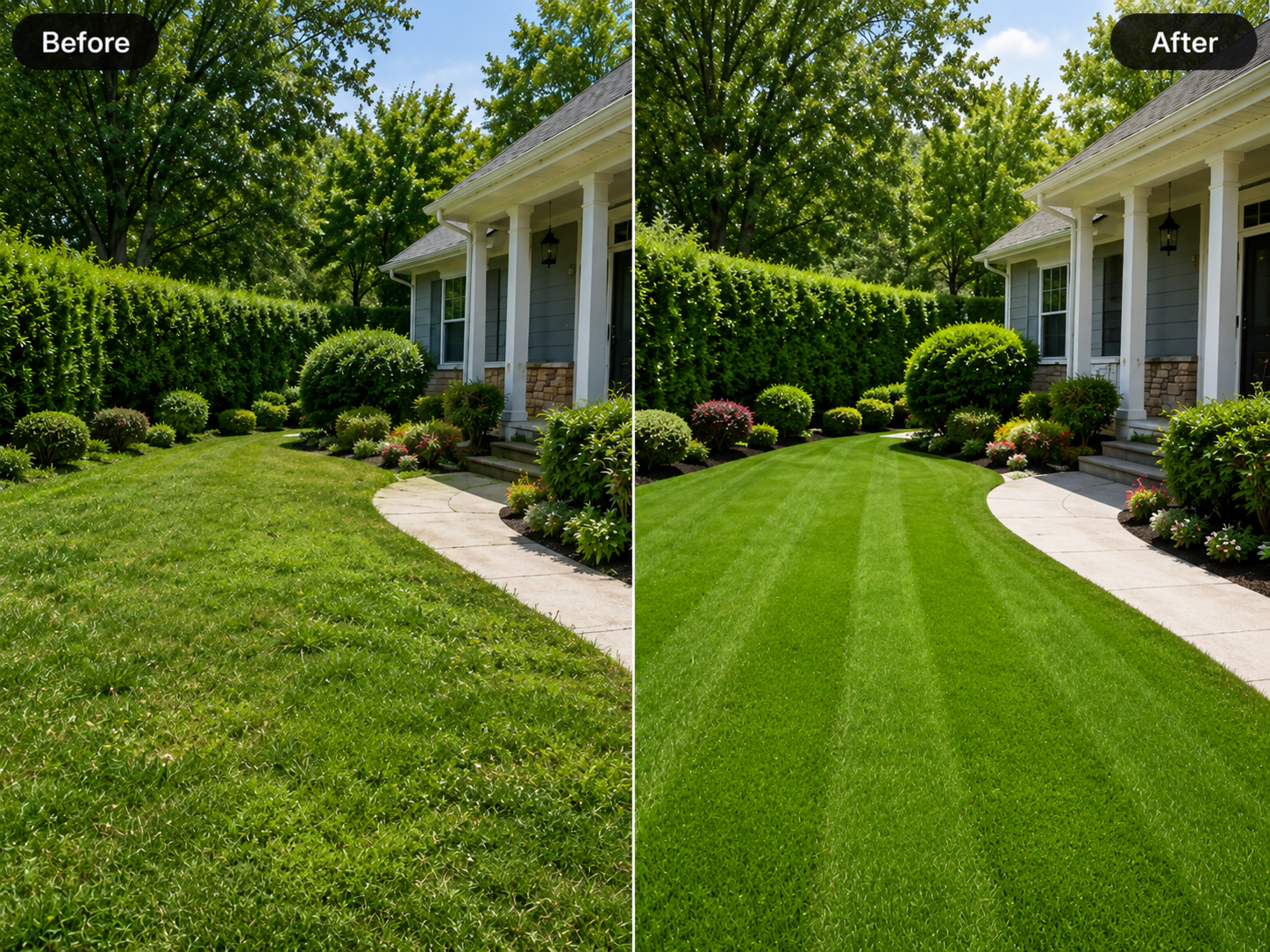Before and after lawn service photos grouped by visit