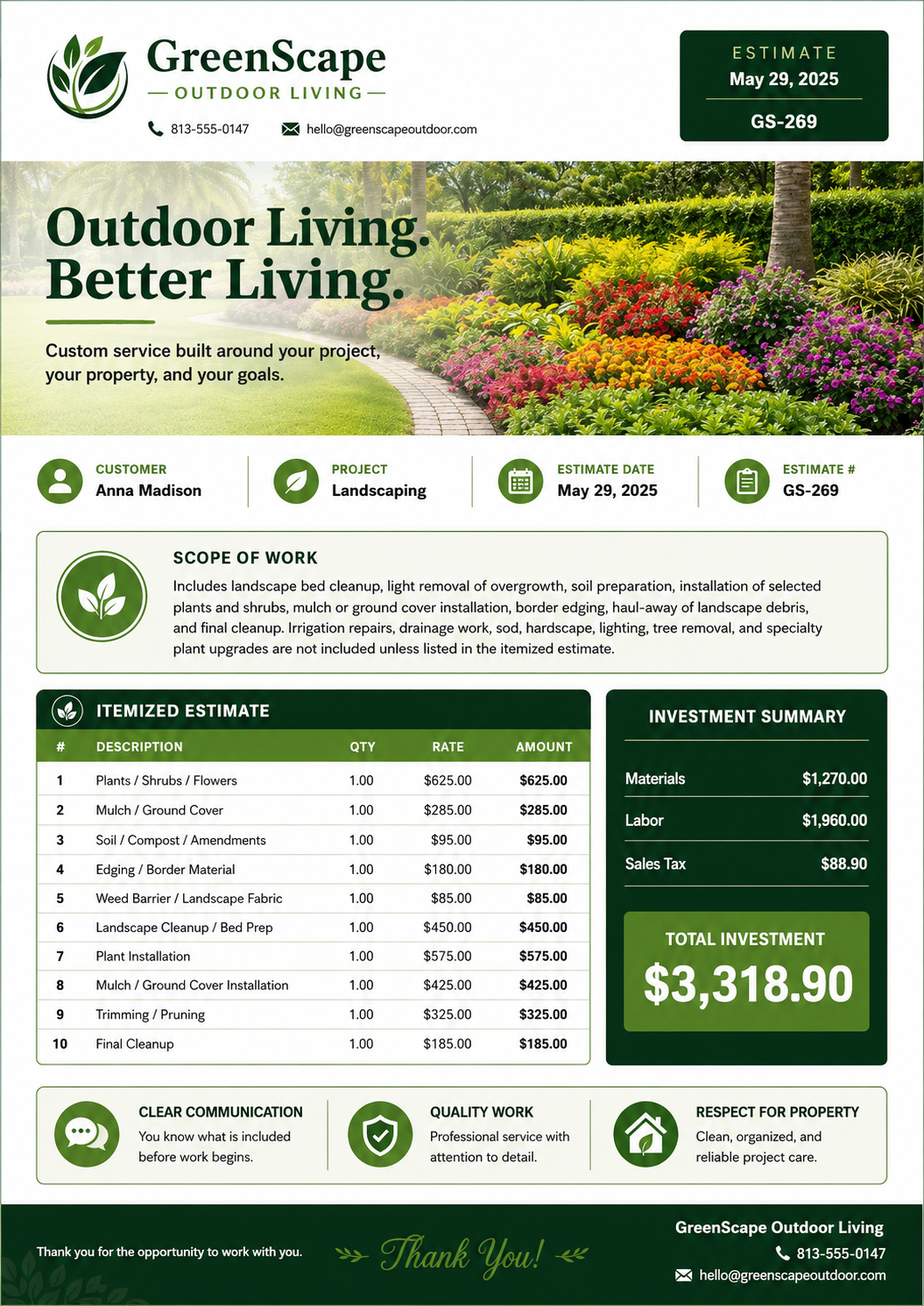 Lawn and landscaping estimate example