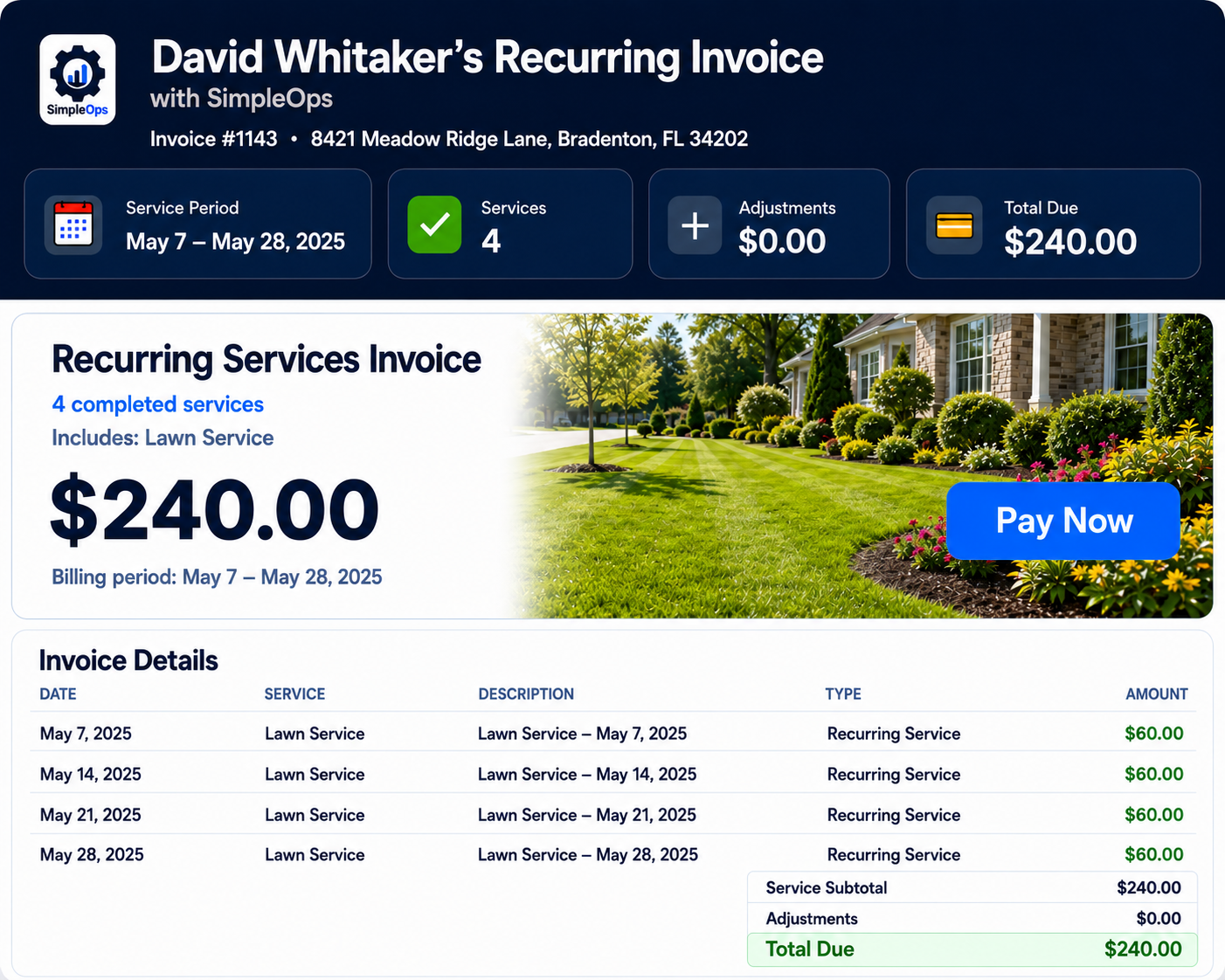 Recurring lawn service invoice portal with online payment