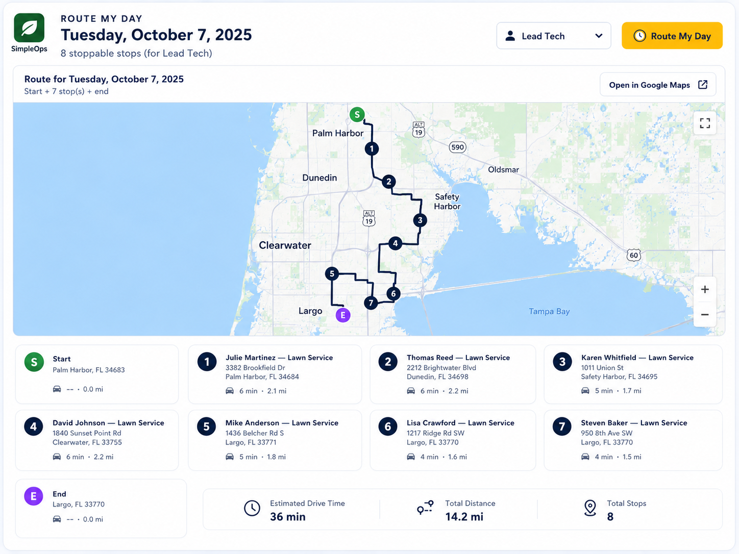 SimpleOps lawn service route planning and field scheduling page