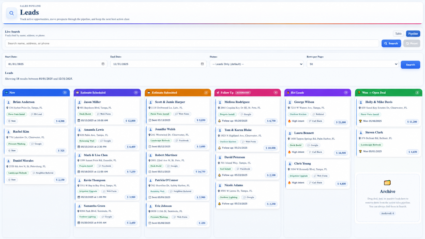 SimpleOps lead pipeline with drag and drop lead stages and automated follow up
