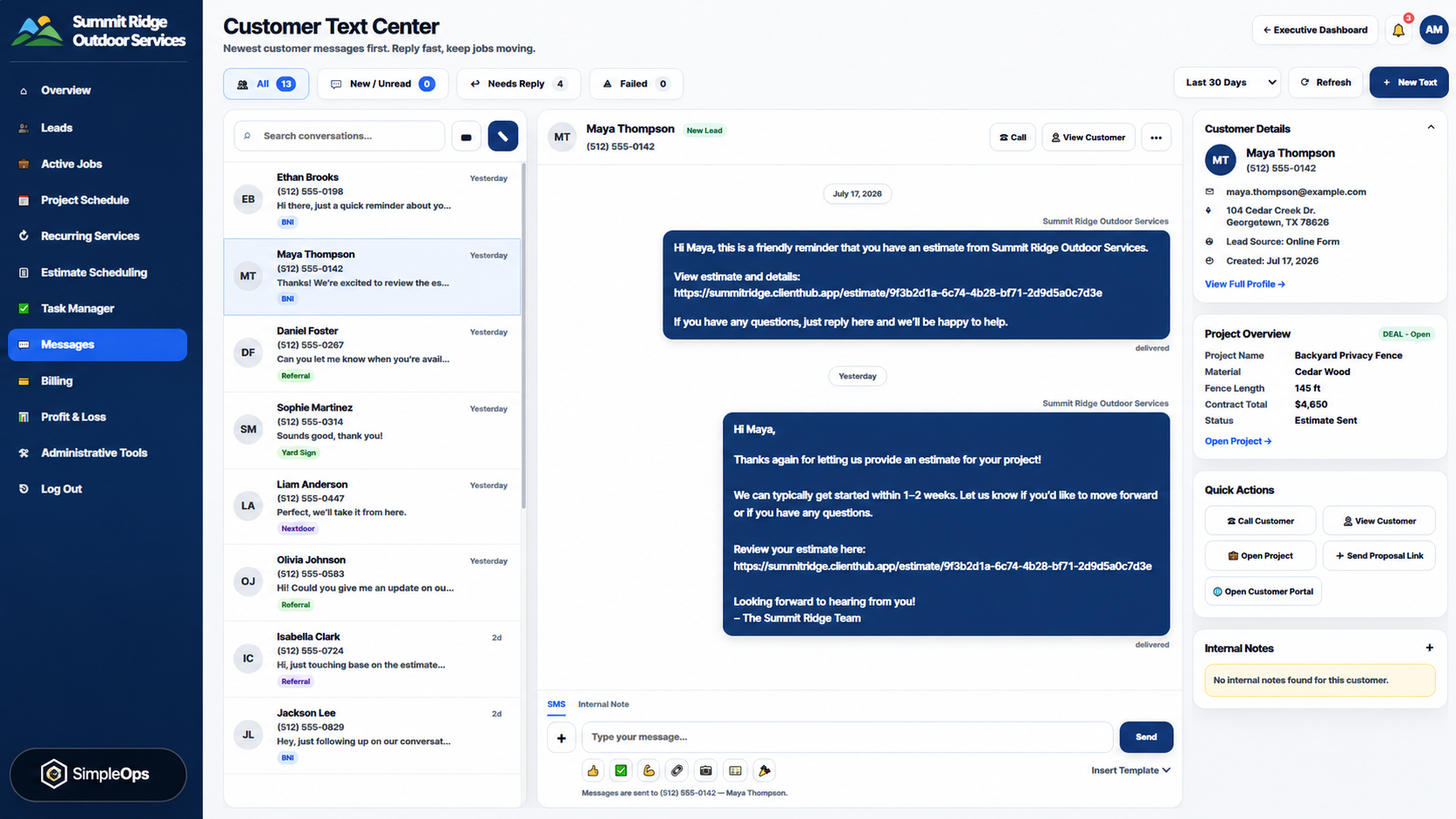 SimpleOps customer text center with two-way messaging, automated reminders, customer details, and project information