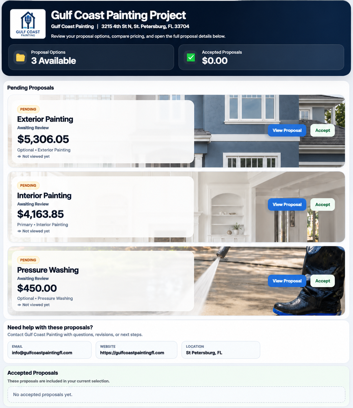 Customer-ready painting proposal portal with exterior, interior, and pressure washing options