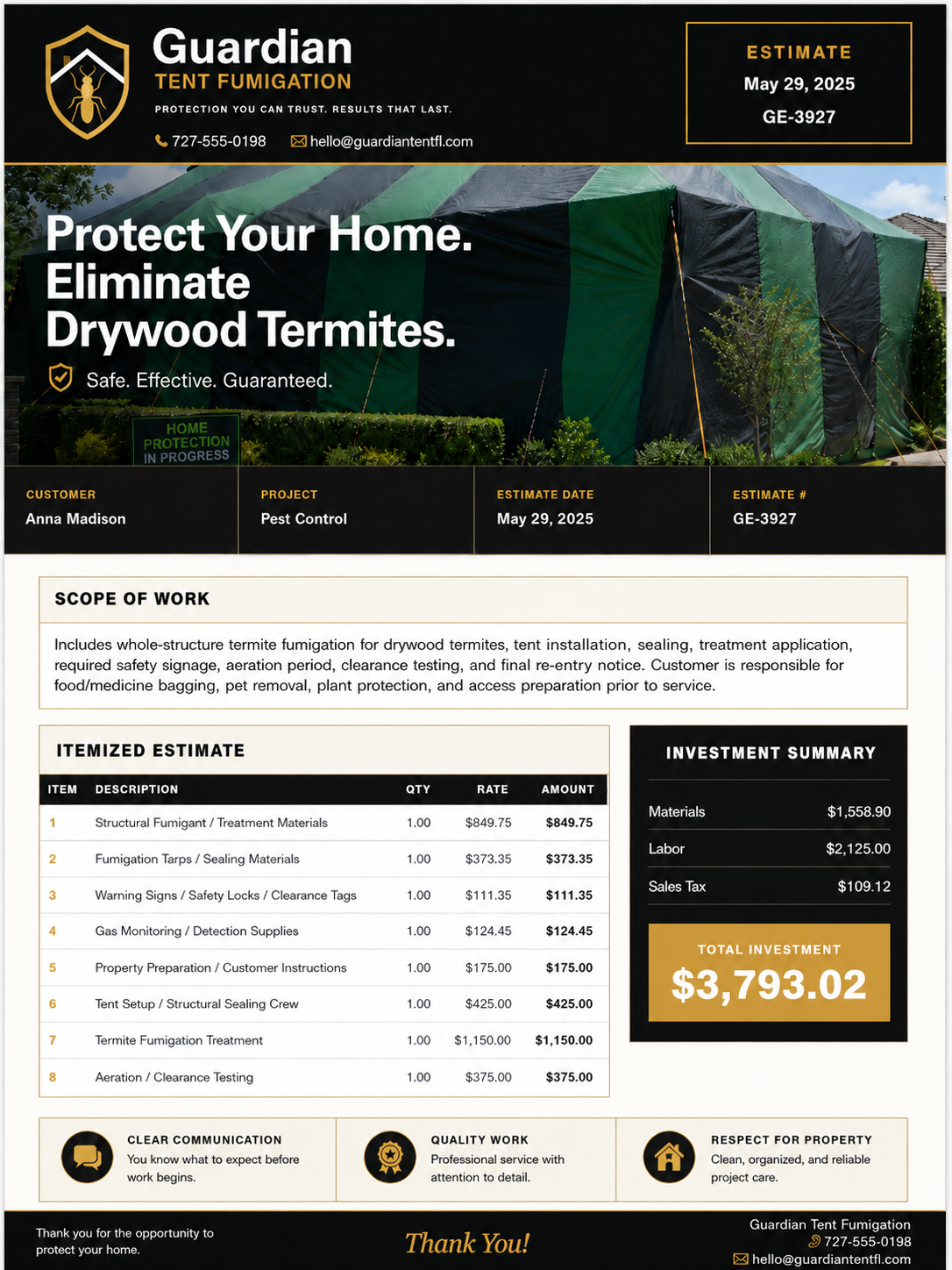 Professional pest control estimate for termite fumigation