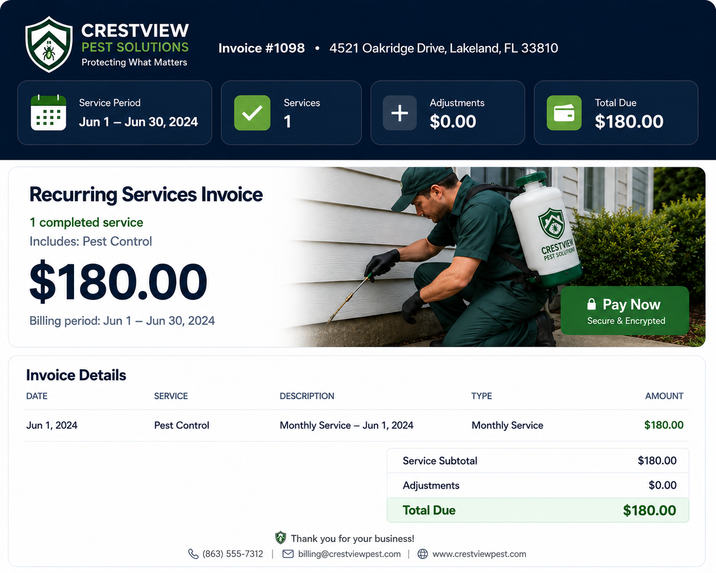 Pest control recurring services invoice portal with online payment