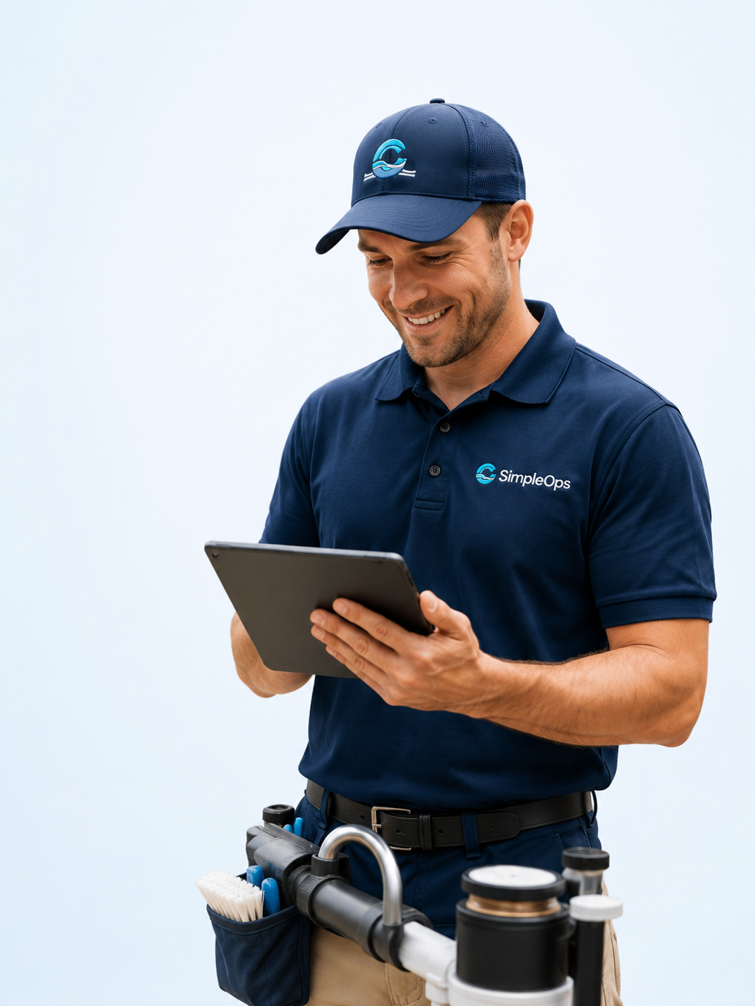 Pool service technician using SimpleOps on a tablet