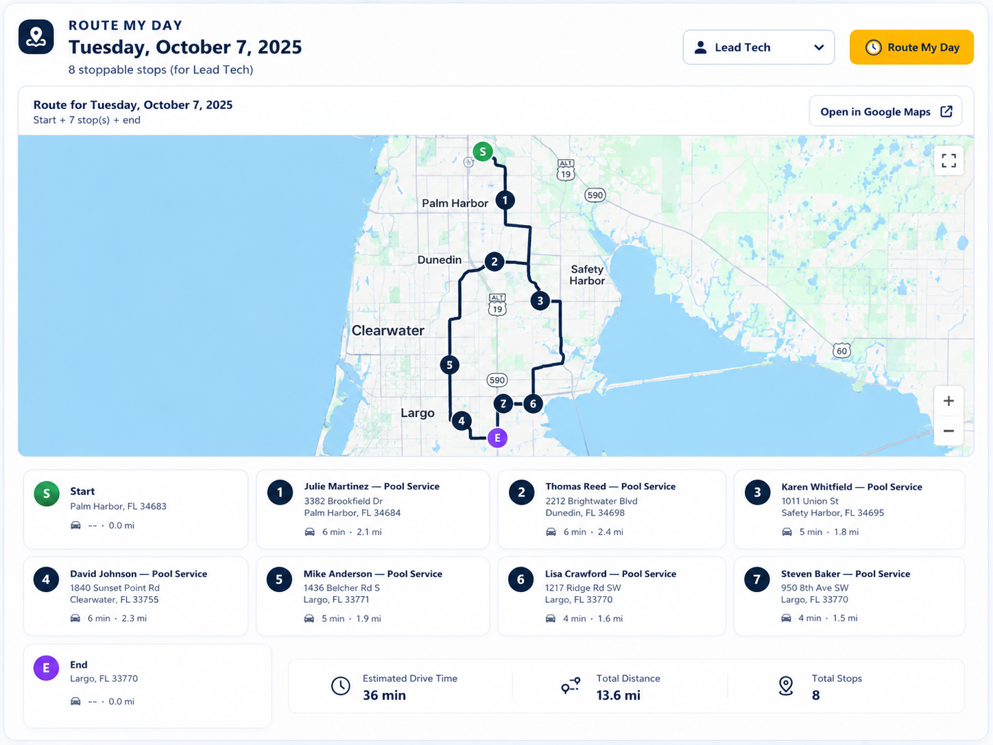 SimpleOps pool service route planning with daily stops