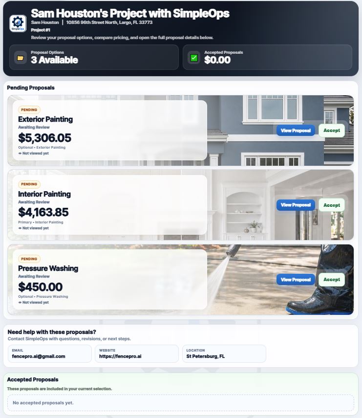 SimpleOps customer portal and proposal approval screen