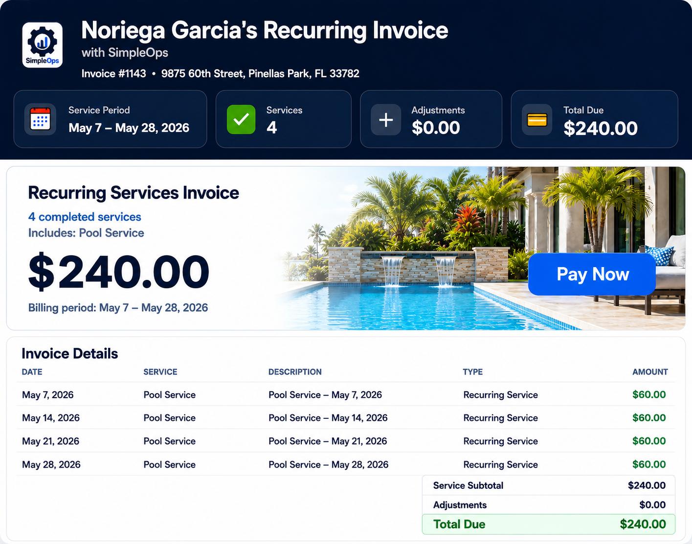 Recurring pool service invoice and online payment portal