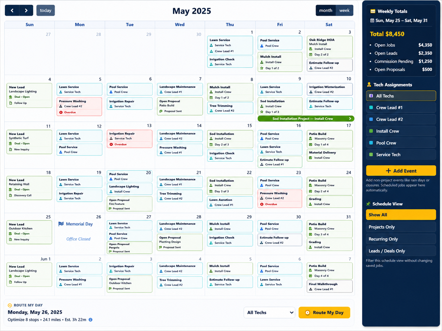 SimpleOps project scheduling calendar with crews, multi-day projects, recurring services, and drag and drop scheduling