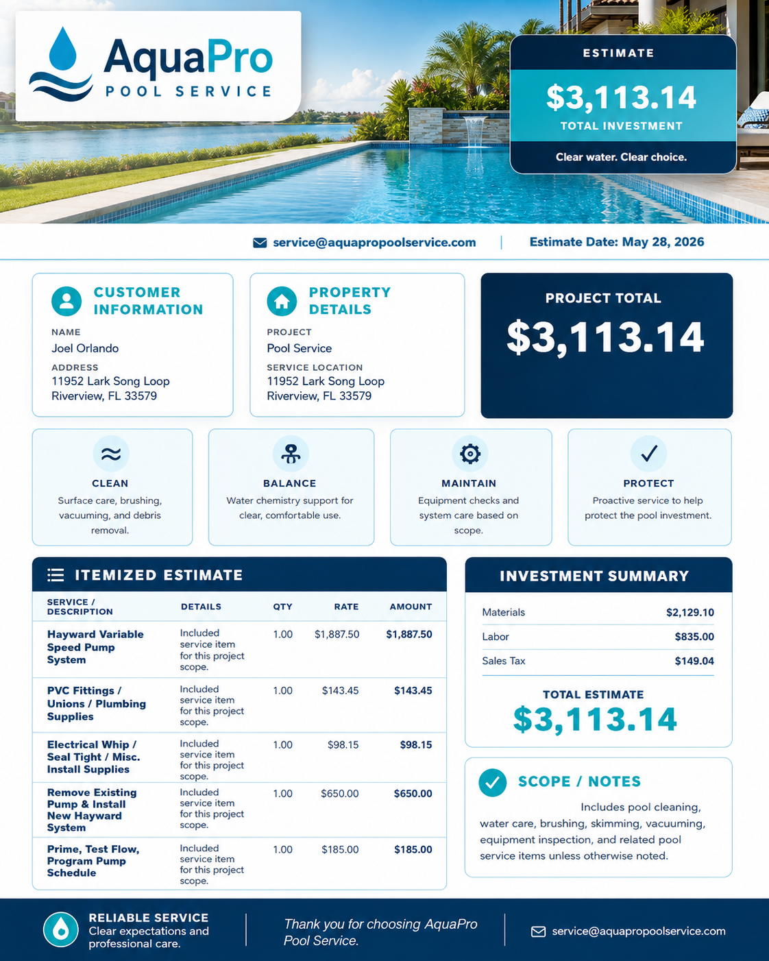 Pool pump estimate example