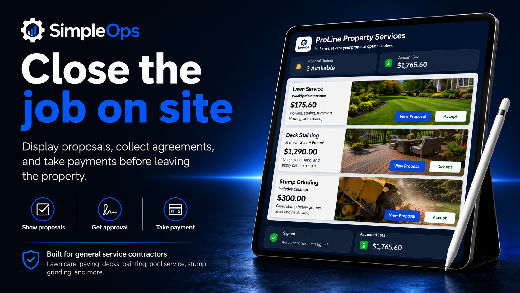 SimpleOps tablet customer portal showing proposal approval and payment workflow